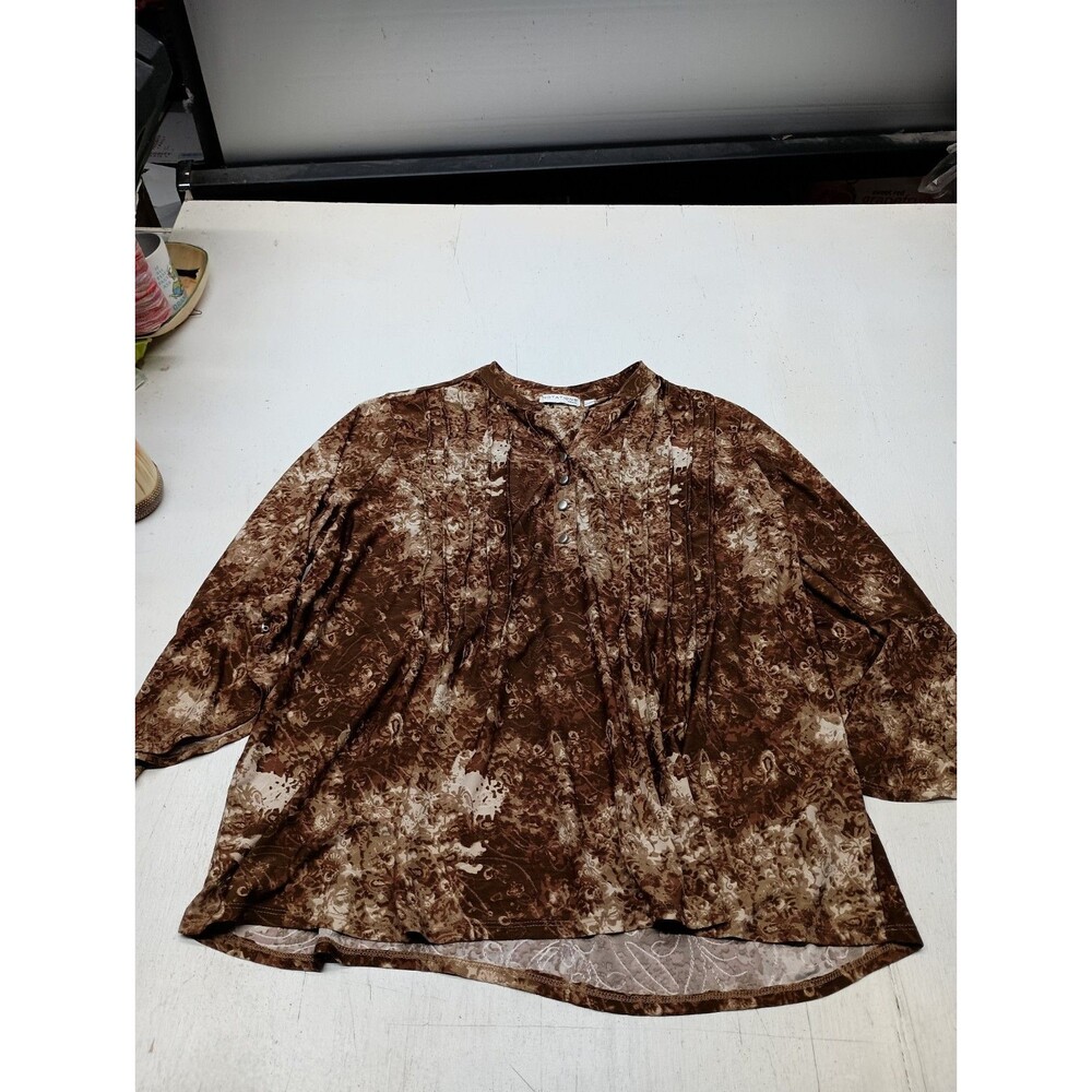 Notations Womens Size 2X Floral 1/4 Button Long Sleeve V Neck Brown Fall